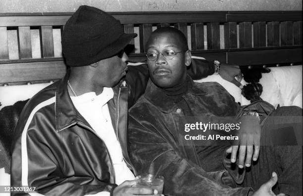 Hip-Hop Producer/Executive/Label Head Andre Harrell relaxes in a nightclub VIP area by chatting with Sean "Puffy" Combs on November 12, 1994 in New...