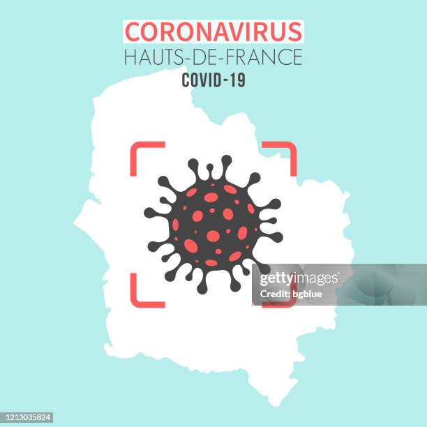 illustrations, cliparts, dessins animés et icônes de carte des hauts-de-france avec une cellule coronavirus (covid-19) dans le viseur rouge - nord pas de calais