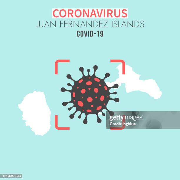胡安·費爾南德斯群島地圖與冠狀病毒細胞（covid-19）在紅色取景器 - san juan bautista 幅插畫檔、美工圖案、卡通及圖標