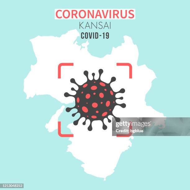 kansai map with a coronavirus cell (covid-19) in red viewfinder - osaka stock illustrations