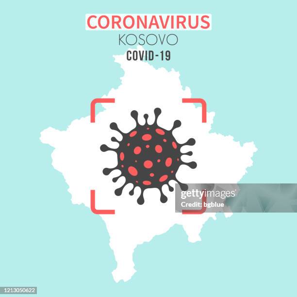 ilustraciones, imágenes clip art, dibujos animados e iconos de stock de mapa de kosovo con una célula coronavirus (covid-19) en visor rojo - pristina