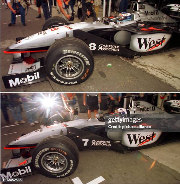 Die McLaren-Mercedes-Rennwagen der Formel 1 fahren am 10.4.1998 zum Training zum Großen Preis von Argentinien aus der Box auf die Rennstrecke von...