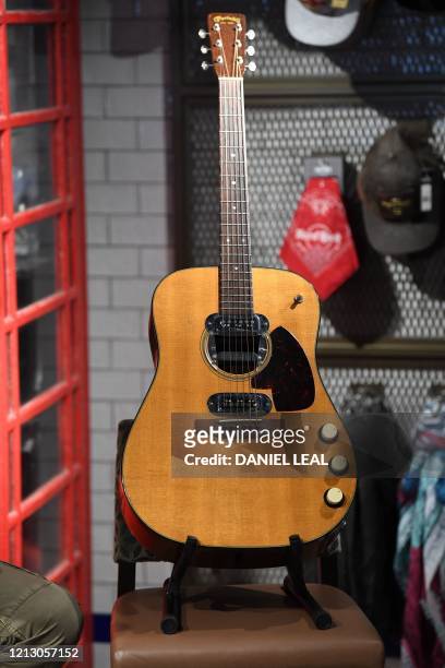 The guitar used by musician Kurt Cobain during Nirvana's famous MTV Unplugged in New York concert in 1993, is pictured at the Hard Rock Cafe...