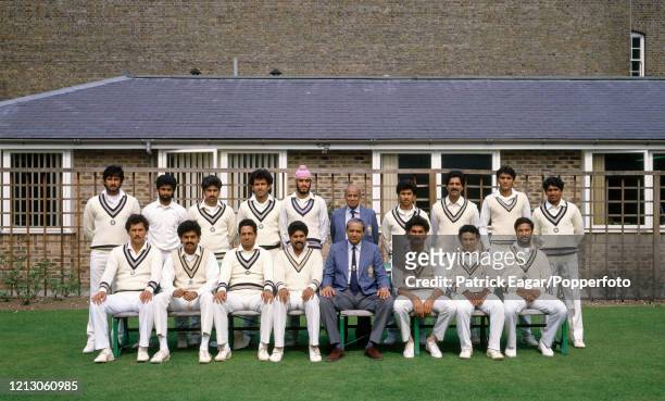 The India cricket team before the 1st Test Match match between England and India at Lord's Cricket Ground, London, 5th June 1986. Back row, left to...
