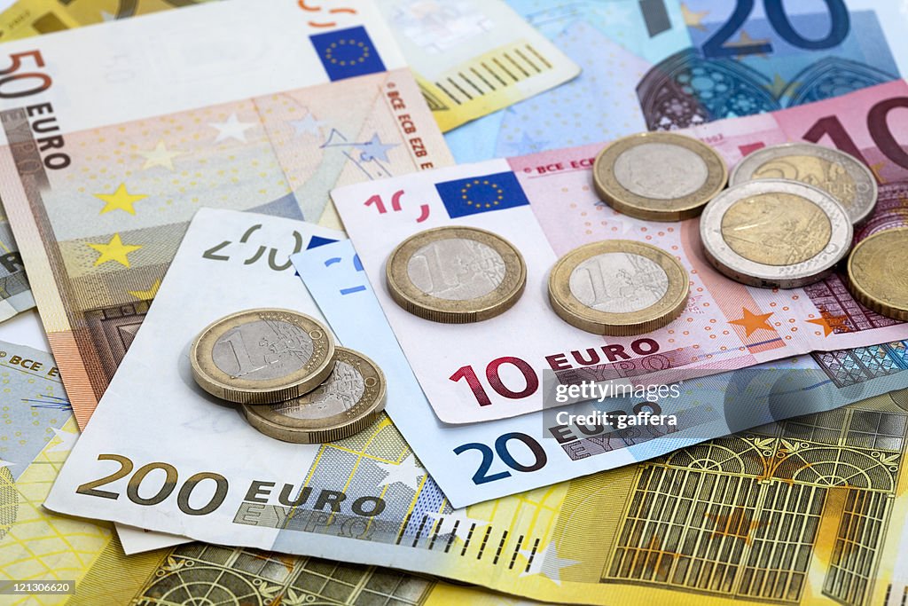 Variety of denominations of Euro coins and bills