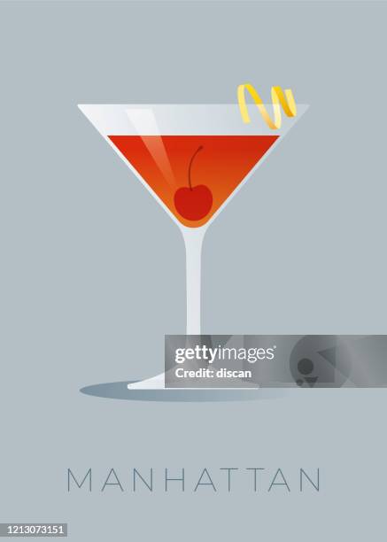 ilustraciones, imágenes clip art, dibujos animados e iconos de stock de cóctel de manhattan con cáscara de limón y cereza maraschino. - vaso de martini