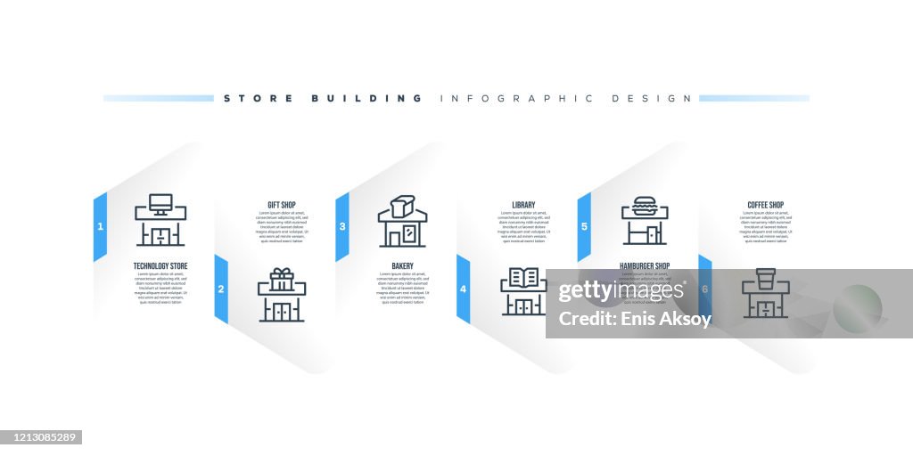 Infographic design template with store building keywords and icons