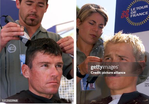 Die deutschen Radprofis Udo Bölts vom Team Deutsche Telekom und Grischa Niermann vom Team Rabobank lassen sich am in Belfort vor der 20. Und...