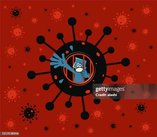 stockillustraties, clipart, cartoons en iconen met blauwe man wordt vastgehouden in een grote nieuwe coronavirus (bacterie, virus) gevangenis cel, quarantaine - quarantine