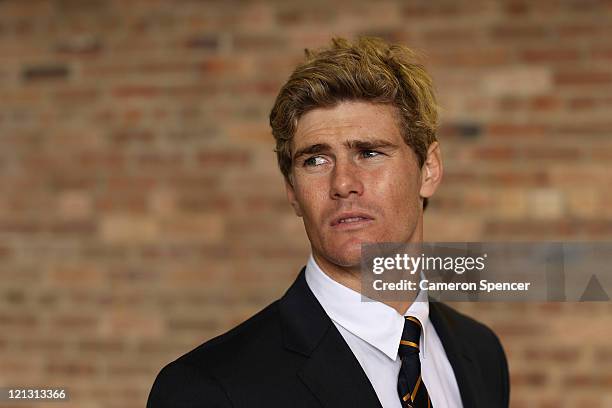 Berrick Barnes of the Wallabies poses during an Australian Wallabies 2011 Rugby World Cup Squad portrait session at Sydney International Airport on...