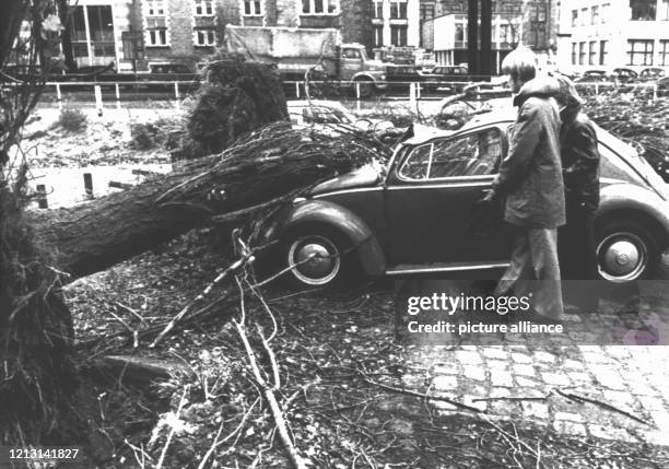 Passanten in Bremen betrachten einen entwurzelten Baum der auf ein Fahrzeug gestürzt ist. Der Orkan, der am mit Geschwindigkeiten bis zu 160km/h über...