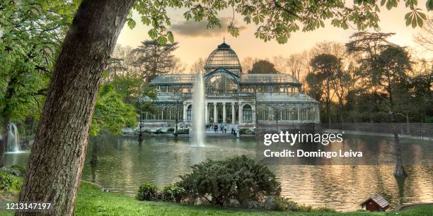 sunset at the crystal palace, buen retiro park. madrid spain - palace ballroom foto e immagini stock