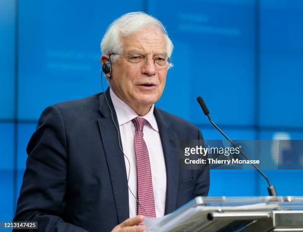 High Representative of the European Union for Foreign Affairs and Security Policy Josep Borrell Fontelles talks to the media during a press...
