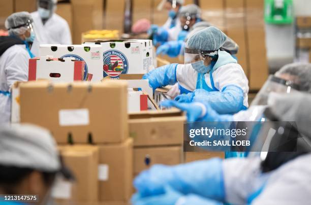 Workers assemble boxes of food as part of the Farmers to Families Food Box Program at Coastal Sunbelt Produce in Laurel, Maryland, May 15, 2020. -...
