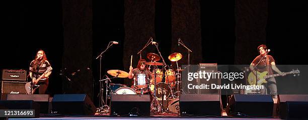 Recording artists Nina Diaz, Phanie Diaz of Girl In A Coma and Jenn Alva of Girl in a Coma perform on stage at the Greek Theatre on August 17, 2011...