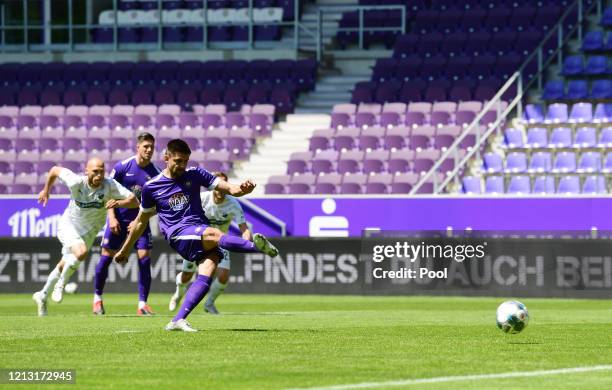 Dimitrij Nazarov of FC Erzgebirge Aue scores his sides first goal from the penalty spot during the Second Bundesliga match between FC Erzgebirge Aue...