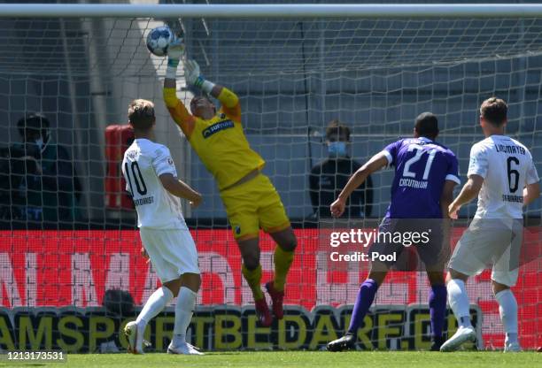 Malcolm Cacutalua of FC Erzgebirge Aue scores his sides third goal during the Second Bundesliga match between FC Erzgebirge Aue and SV Sandhausen at...