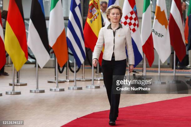 President of European Commission Ursula von der Leyen as seen arriving on the red carpet with the EU flags in the background, at the special European...