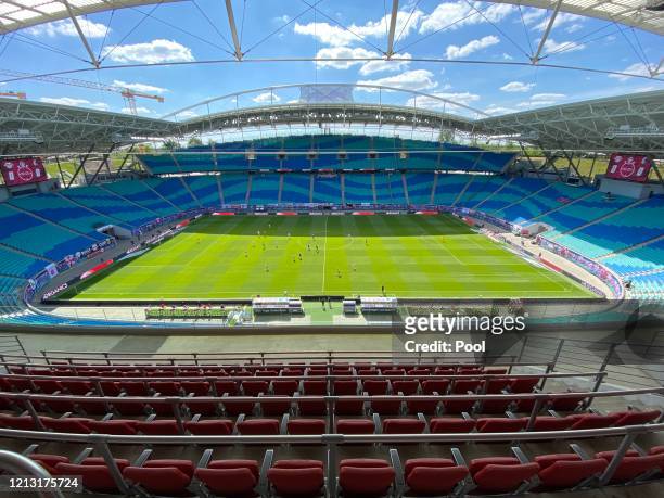 General view inside the stadium during the Bundesliga match between RB Leipzig and Sport-Club Freiburg at Red Bull Arena on May 16, 2020 in Leipzig,...