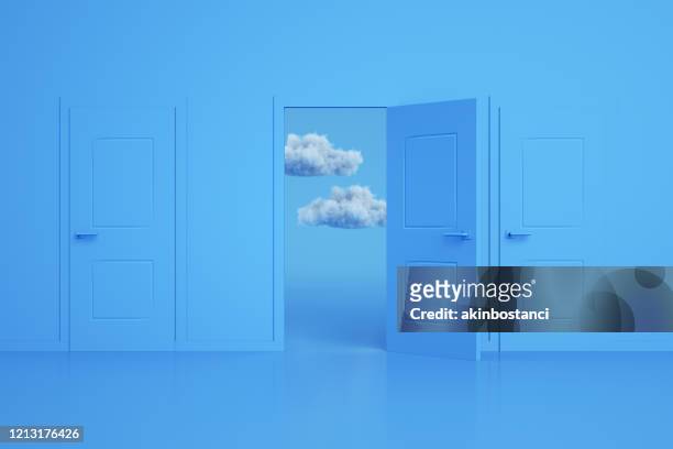 doors, decisions, choices, minimal design with cloud - open stock pictures, royalty-free photos & images