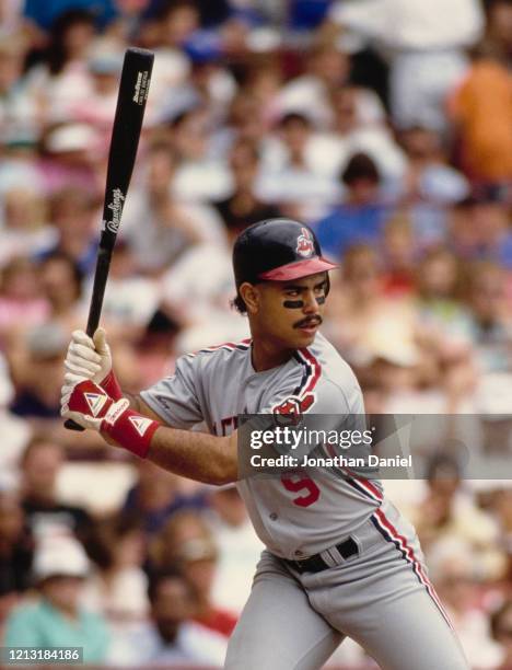 Carlos Baerga, Third Base and Short Stop for the Cleveland Indians at bat during the Major League Baseball American League East game against the...