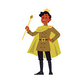Cartoon man in king costume and gold royal crown holding a sceptre