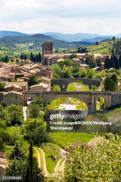 lagrasse, abbey of sainte marie de lagrasse also saint d orbieu in the corbieres wine-growing region, department of aude, languedoc-roussillon, france - aude stock pictures, royalty-free photos & images