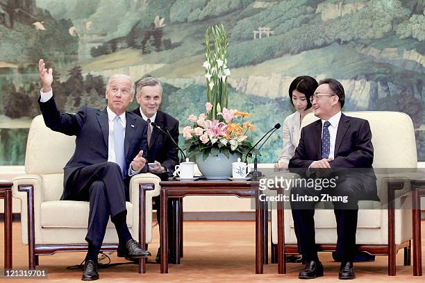 Vice President Joe Biden attends a bilaterial meeting with NPC Chairman Wu Bangguo inside the Great Hall of the People on August 18, 2011 in Beijing,...