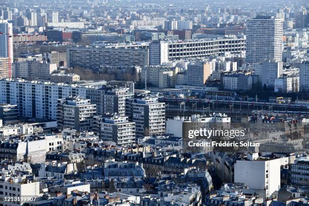 March 10 : Cityscape from Sacre Coeur basilica in Paris on March 10, 2020 in Paris, France.