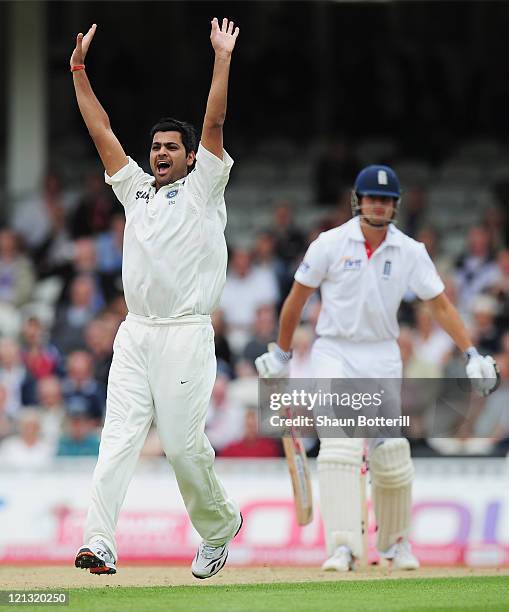 Rudra Pratap Singh of India appeals unsuccessfully for the wicket of Alastair Cook of England during day one of the 4th npower Test Match between...