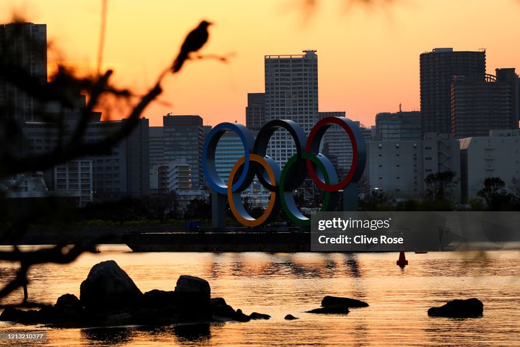 Olympic Rings Sunset A bird rests on a branch as the sun sets behind the Olympic rings ...