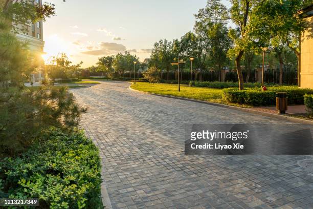 sunset in residential district - street stock pictures, royalty-free photos & images