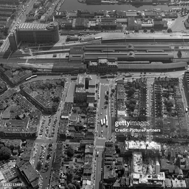 The Hague, Holland, August 29 - 1977: Historical aerial photo  in black and white of the Hollands Spoor, the old railway station