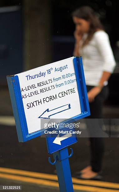 Sign directs Badminton School sixth form pupils to collect their results on August 18, 2011 in Bristol, England. With another record year for A-level...