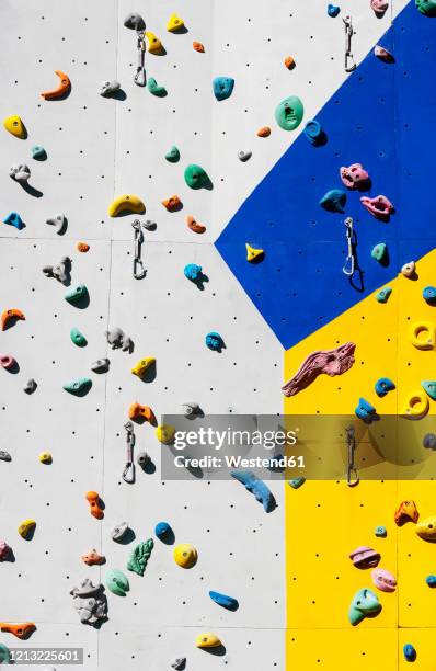 hand grips on climbing wall - kletterwand stock-fotos und bilder