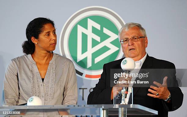 Theo Zwanziger, president of German Football Association DFB, speaks next to Steffi Jones, president of the Organising Committee, during the FIFA...