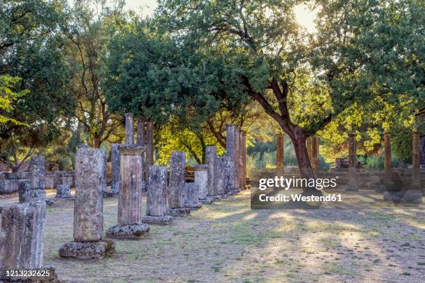 greece, olympia, ruins of ancient palaestra - palaestra stock pictures, royalty-free photos & images