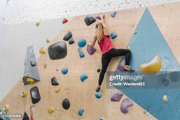 woman bouldering in climbing gym - boulderen stockfoto's en -beelden