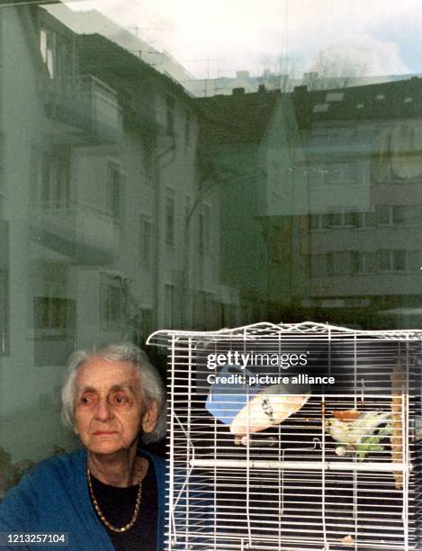 Elisabeth Schneider sitzt an einem Fenster in ihrer Zweizimmerwohnung in Alt-Saarbrücken, neben ihr im Käfig Hänsje, ihr Kanarienvogel. Frau...