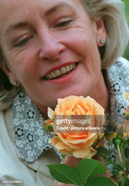 Sichtlich erfreut zeigt sich am 27.6.1997 in Baden-Baden diese Rosenliebhaberin über die Rose des Jahres. Die Büschelrose "Goldelse" des Züchters...