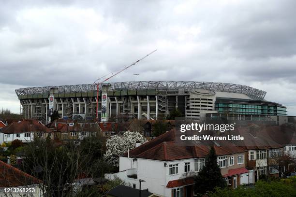 General view of Twickenham Stadium which is closed till further notice as the Covid-19 virus forces sporting events to be cancelled globally,...