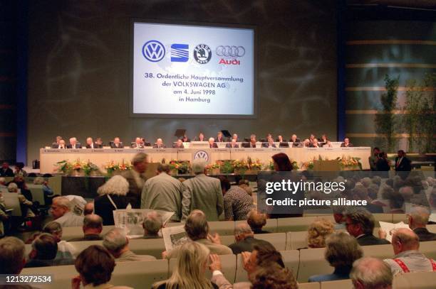 Rund 3000 Aktionäre nehmen am 4.6.1998 an der Hauptversammlung des Volkswagenkonzerns in Hamburg teil. Die Aktionäre der Volkswagen erhalten für 1997...