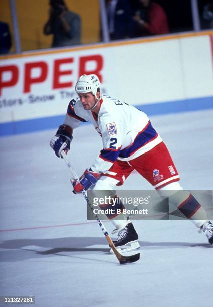 Dave Ellett of the Winnipeg Jets skates on the ice during an NHL game in October, 1990 at the Winnipeg Arena in Winnipeg, Manitoba, Canada.