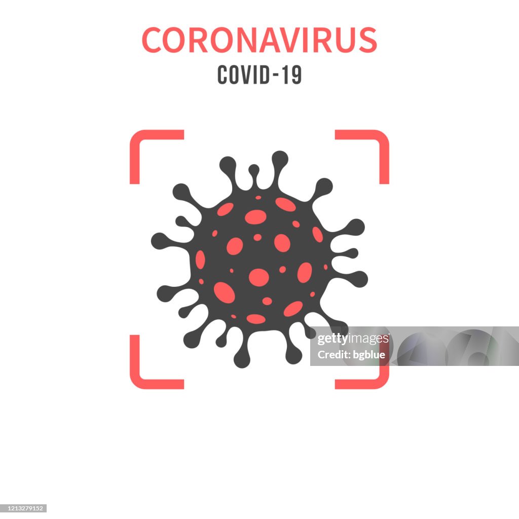 白色背景的紅色取景器中的冠狀病毒細胞 (COVID-19)