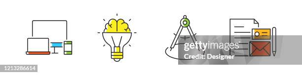 design thinking verwandte vektor linie icons. umrisssymbol-auflistung - prototype-design-icon stock-grafiken, -clipart, -cartoons und -symbole