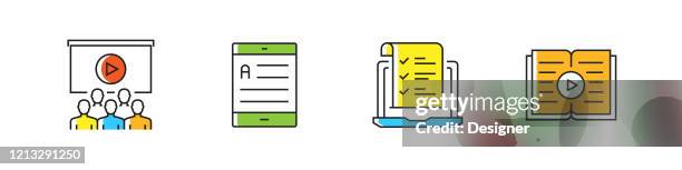 e-learning related vector line icons. outline symbol collection - students learning computer programming stock illustrations