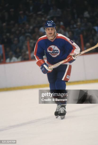 Dale Hawerchuk of the Winnipeg Jets skates on the ice during an NHL game against the Philadelphia Flyers on December 1, 1981 at the Spectrum in...