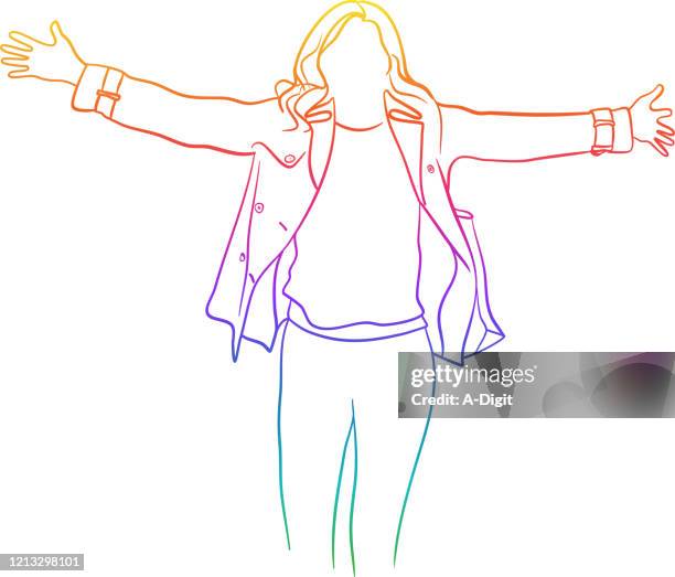 ilustrações, clipart, desenhos animados e ícones de arco-íris de braços abertos da primavera feliz - cabelo comprido