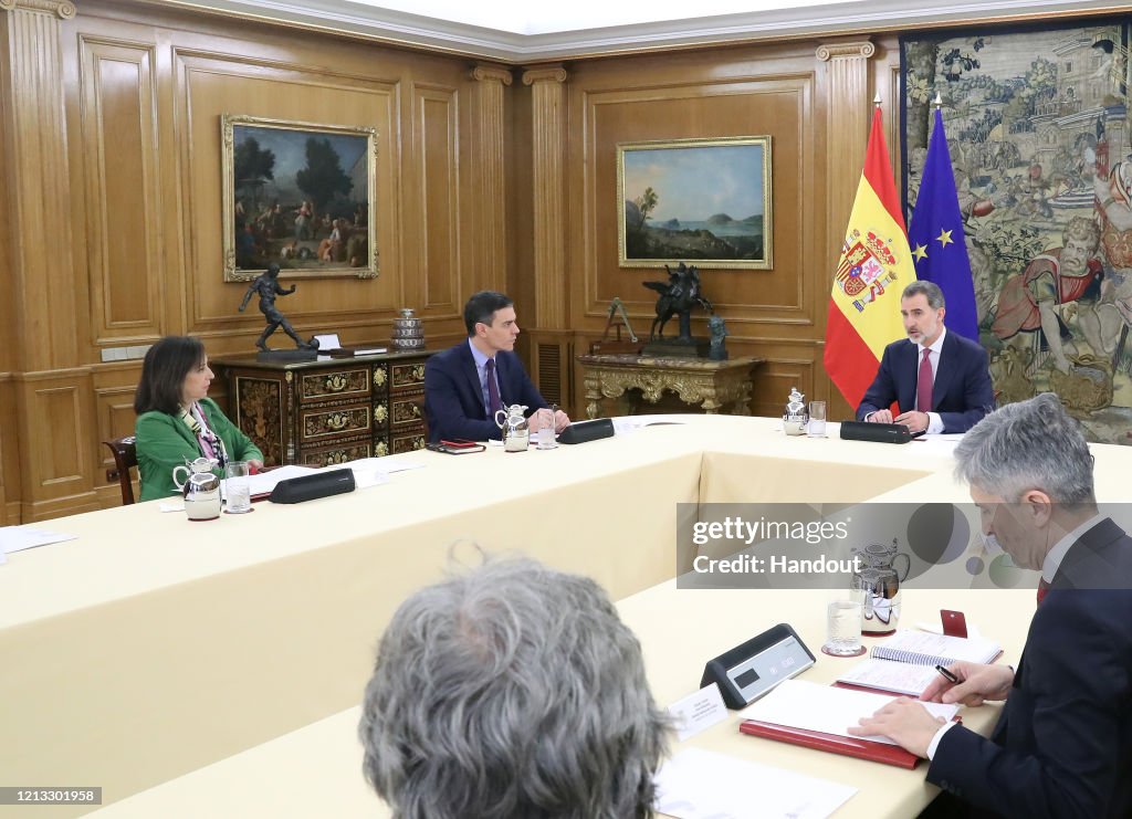 King Felipe Of Spain And President Pedro Sanchez Meet Technical Management Committee of Coronavirus
