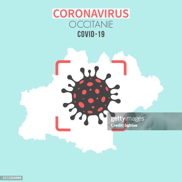 illustrations, cliparts, dessins animés et icônes de carte d’occitanie avec une cellule de coronavirus (covid-19) dans le viseur rouge - occitanie